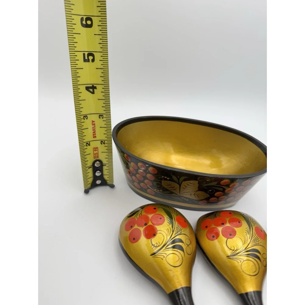 Vintage Russian Wooden‎ Khokhloma Spoons and bowl,  Hand-Painted, Lacquer Set